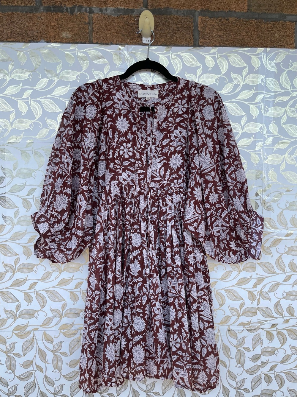 Daughters of India Maroon Floral Cotton Mini Dress XS Boho - Picture 9 of 17